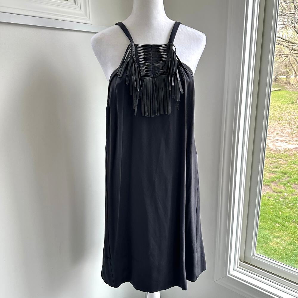 Maje NWT Bretelle Fran Silk Leather Fringe Black Shift Dress Sz Medium /‎ 2
